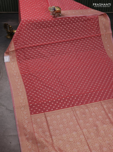 Banarasi silk cotton saree peach pink with allover thread & zari woven buttas and thread & zari woven border