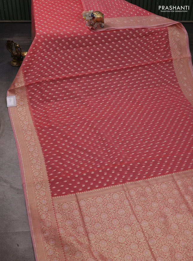 Banarasi silk cotton saree peach pink with allover thread & zari woven buttas and thread & zari woven border
