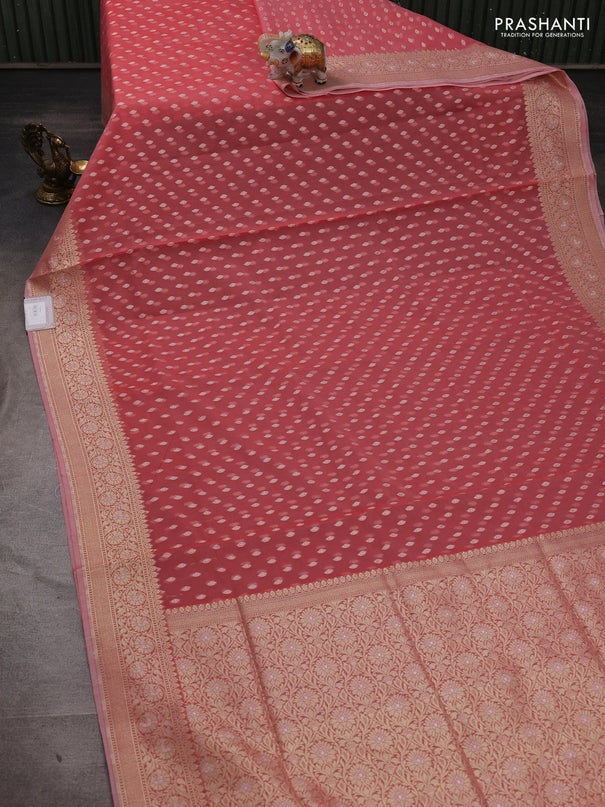 Banarasi silk cotton saree peach pink with allover thread & zari woven buttas and thread & zari woven border