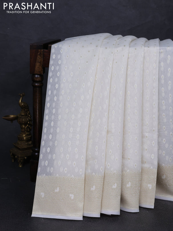Banarasi silk cotton saree off white with allover thread & zari woven buttas and thread & zari woven border