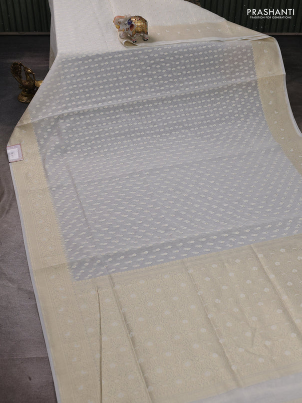 Banarasi silk cotton saree off white with allover thread & zari woven buttas and thread & zari woven border