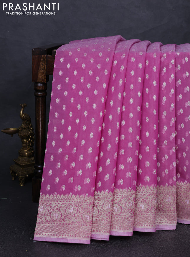 Banarasi silk cotton saree pink with allover thread & zari woven buttas and thread & zari woven border