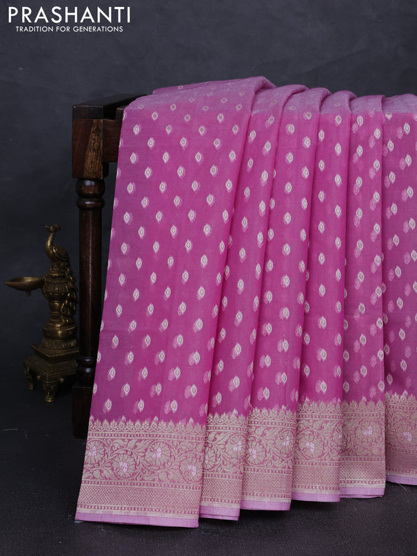 Banarasi silk cotton saree pink with allover thread & zari woven buttas and thread & zari woven border