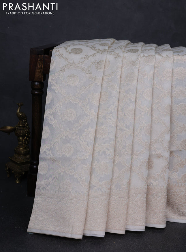 Banarasi silk cotton saree off white with allover thread & zari woven brocade weaves and temple design thread & zari woven border