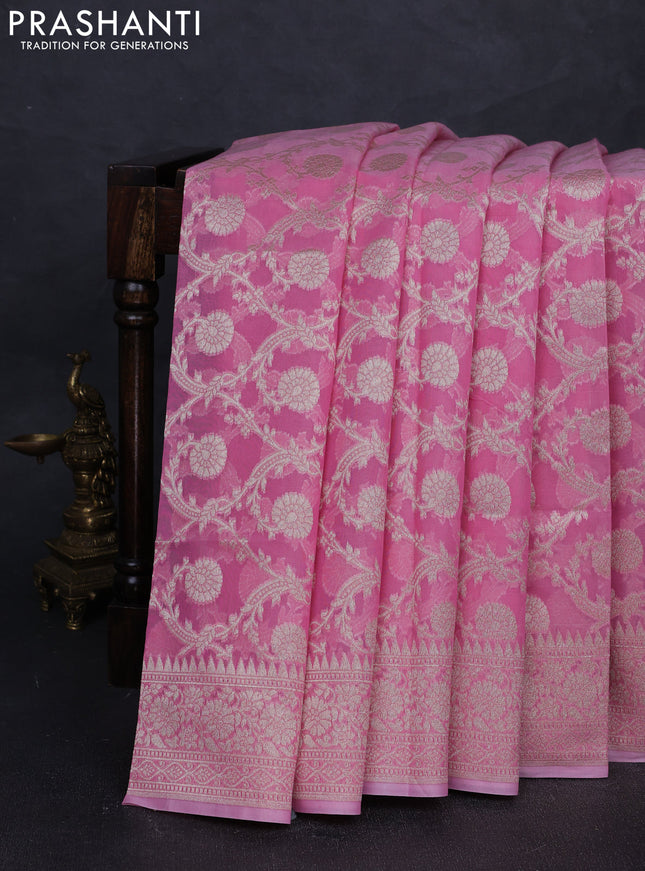 Banarasi silk cotton saree light pink with allover thread & zari woven brocade weaves and temple design thread & zari woven border