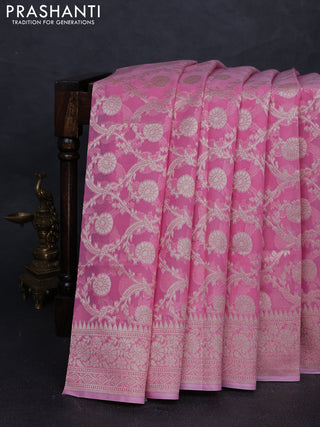Banarasi silk cotton saree light pink with allover thread & zari woven brocade weaves and temple design thread & zari woven border