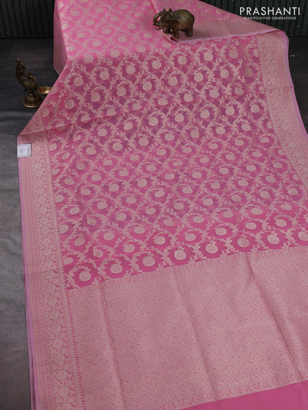 Banarasi silk cotton saree light pink with allover thread & zari woven brocade weaves and temple design thread & zari woven border