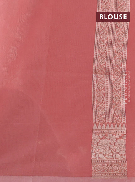 Banarasi silk cotton saree peach pink with allover thread & zari woven brocade weaves and temple design thread & zari woven border