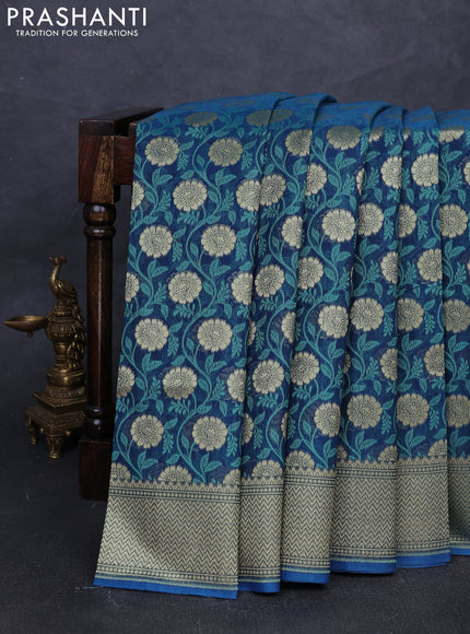 Banarasi silk cotton saree peacock blue with allover thread & zari woven brocade weaves and temple design zari woven border