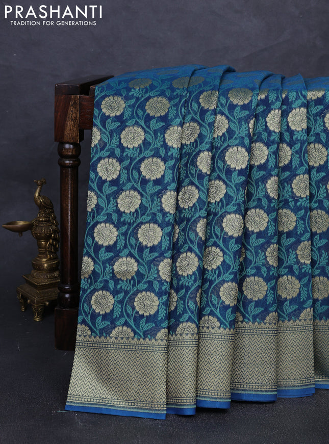 Banarasi silk cotton saree peacock blue with allover thread & zari woven brocade weaves and temple design zari woven border