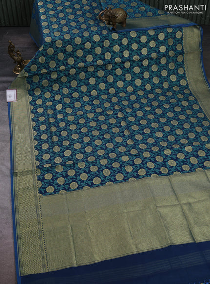 Banarasi silk cotton saree peacock blue with allover thread & zari woven brocade weaves and temple design zari woven border