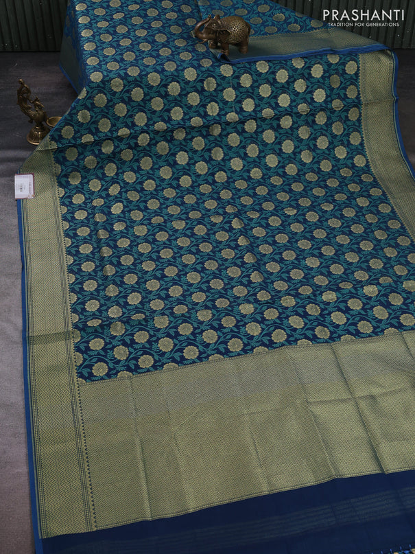 Banarasi silk cotton saree peacock blue with allover thread & zari woven brocade weaves and temple design zari woven border