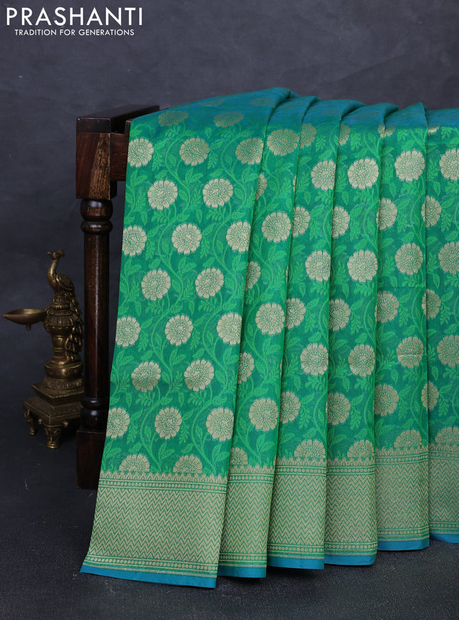 Banarasi silk cotton saree green with allover thread & zari woven brocade weaves and temple design zari woven border