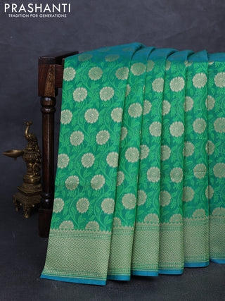 Banarasi silk cotton saree green with allover thread & zari woven brocade weaves and temple design zari woven border