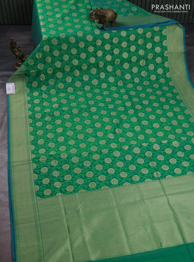Banarasi silk cotton saree green with allover thread & zari woven brocade weaves and temple design zari woven border