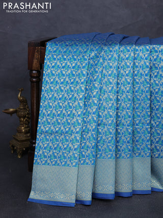 Banarasi silk cotton saree peacock blue with allover thread & zari woven brocade weaves and thread & zari woven border