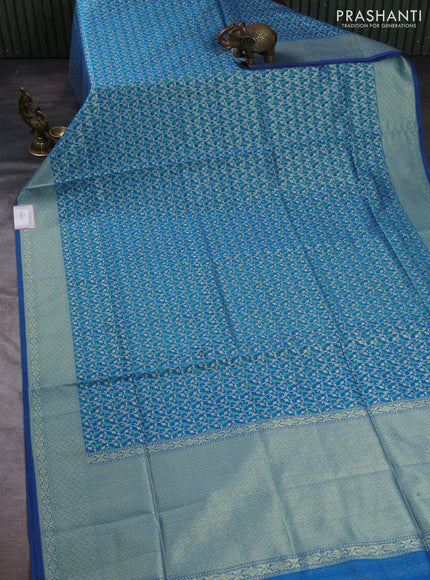 Banarasi silk cotton saree peacock blue with allover thread & zari woven brocade weaves and thread & zari woven border