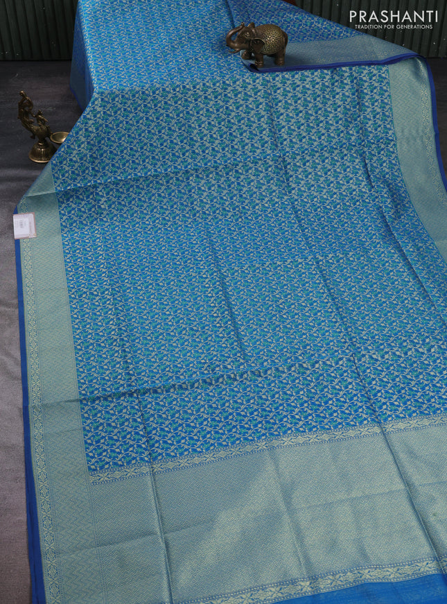 Banarasi silk cotton saree peacock blue with allover thread & zari woven brocade weaves and thread & zari woven border