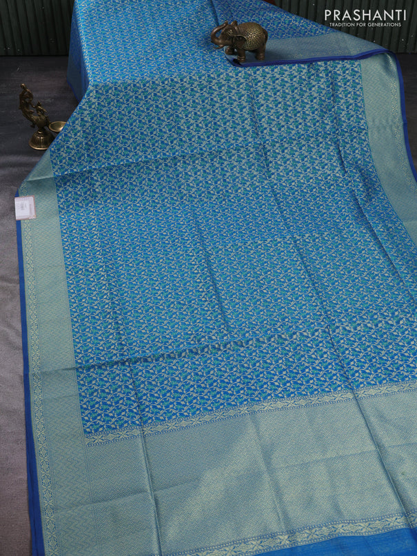 Banarasi silk cotton saree peacock blue with allover thread & zari woven brocade weaves and thread & zari woven border