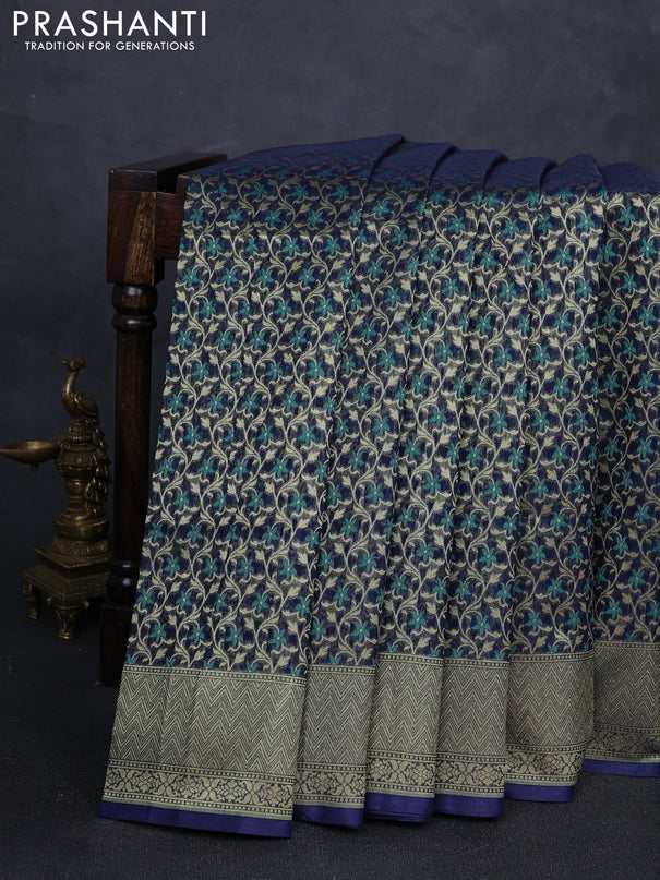 Banarasi silk cotton saree navy blue with allover thread & zari woven brocade weaves and thread & zari woven border