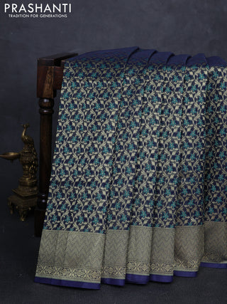 Banarasi silk cotton saree navy blue with allover thread & zari woven brocade weaves and thread & zari woven border
