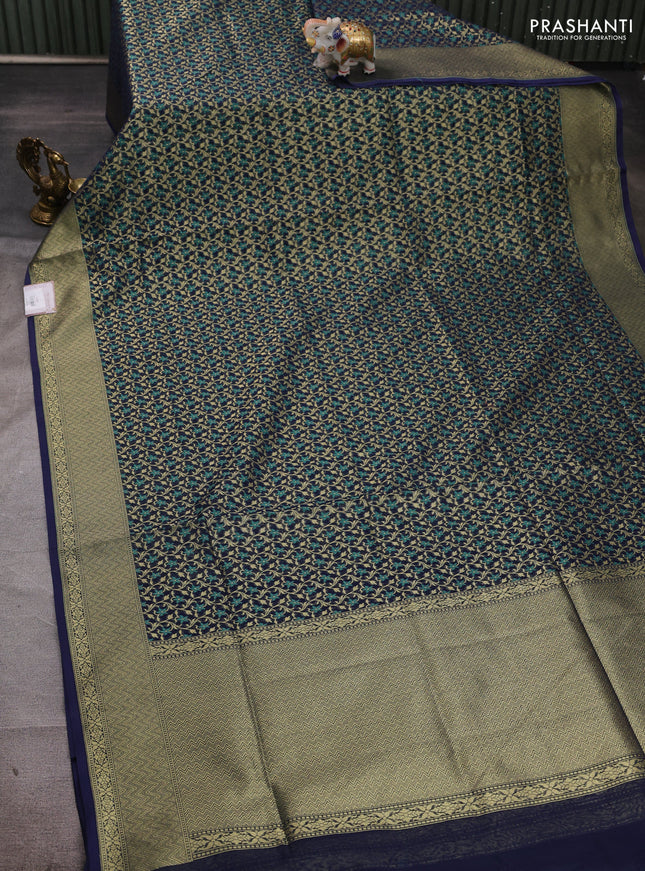Banarasi silk cotton saree navy blue with allover thread & zari woven brocade weaves and thread & zari woven border