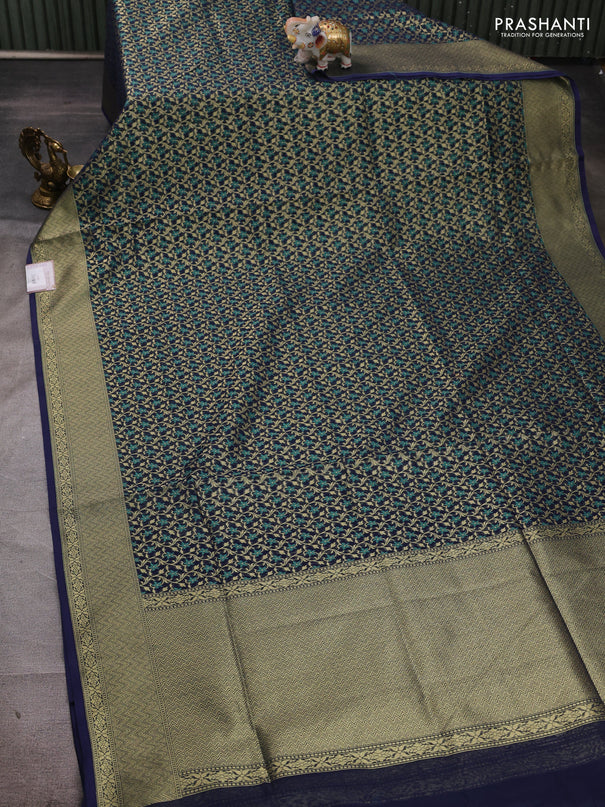 Banarasi silk cotton saree navy blue with allover thread & zari woven brocade weaves and thread & zari woven border