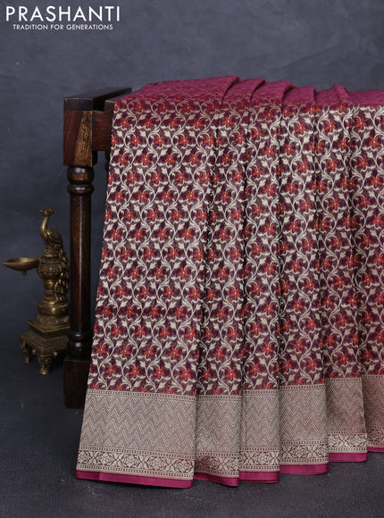 Banarasi silk cotton saree deep wine with allover thread & zari woven brocade weaves and thread & zari woven border