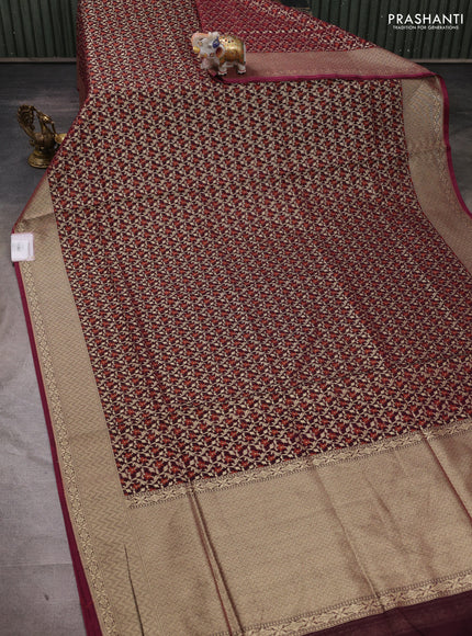 Banarasi silk cotton saree deep wine with allover thread & zari woven brocade weaves and thread & zari woven border
