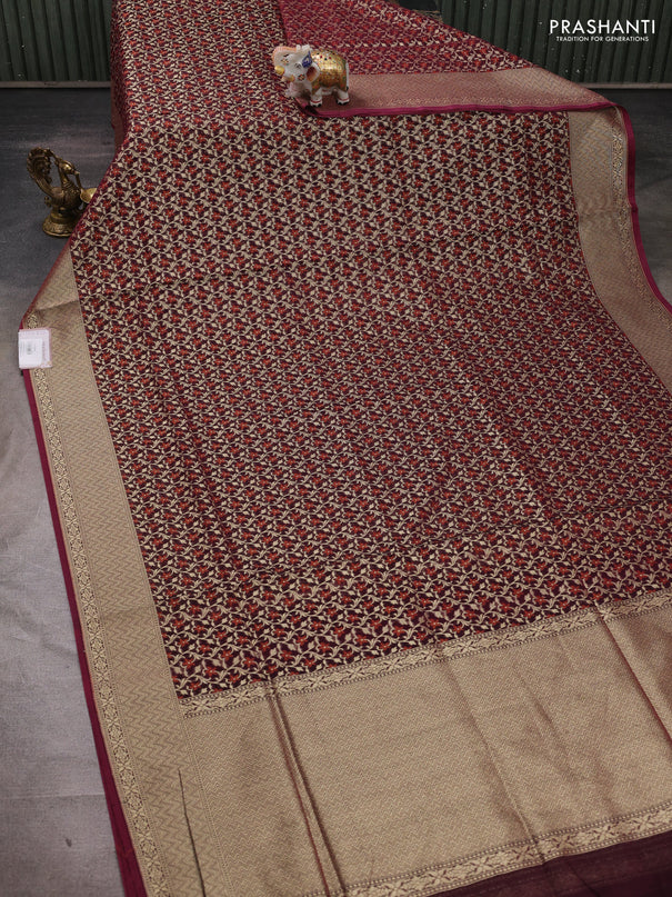 Banarasi silk cotton saree deep wine with allover thread & zari woven brocade weaves and thread & zari woven border