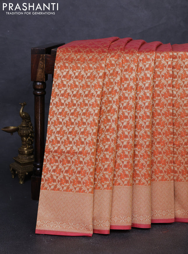 Banarasi silk cotton saree rust shade with allover thread & zari woven brocade weaves and thread & zari woven border