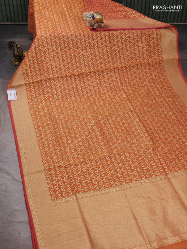 Banarasi silk cotton saree rust shade with allover thread & zari woven brocade weaves and thread & zari woven border