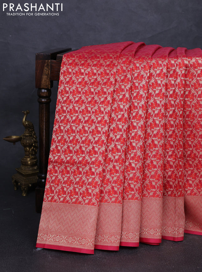 Banarasi silk cotton saree red with allover thread & zari woven brocade weaves and thread & zari woven border