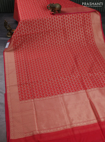 Banarasi silk cotton saree red with allover thread & zari woven brocade weaves and thread & zari woven border