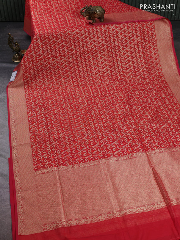 Banarasi silk cotton saree red with allover thread & zari woven brocade weaves and thread & zari woven border