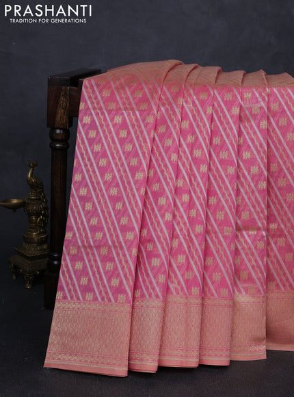 Banarasi silk cotton saree peach pink with allover silver & gold zari woven brocade weaves and zari woven border