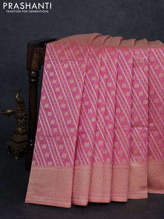 Banarasi silk cotton saree peach pink with allover silver & gold zari woven brocade weaves and zari woven border
