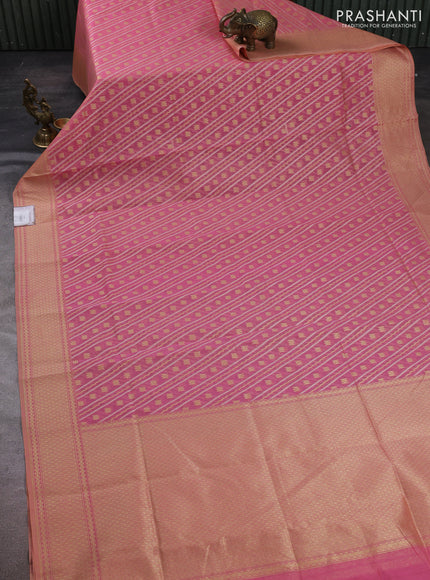 Banarasi silk cotton saree peach pink with allover silver & gold zari woven brocade weaves and zari woven border