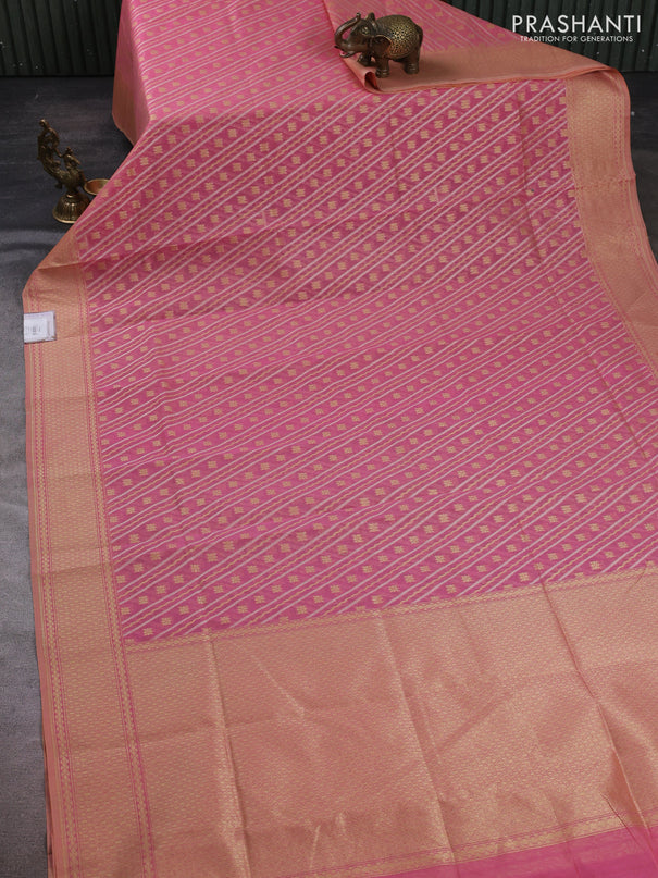 Banarasi silk cotton saree peach pink with allover silver & gold zari woven brocade weaves and zari woven border