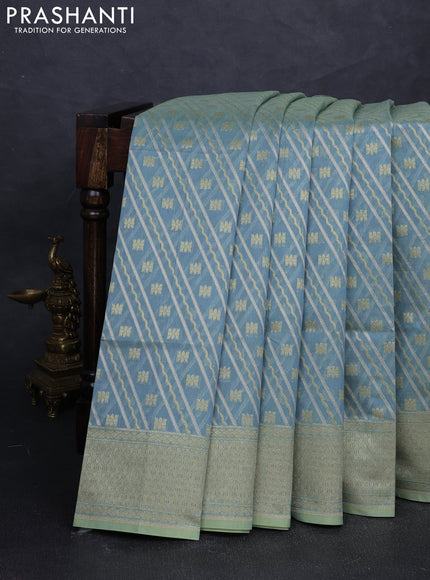 Banarasi silk cotton saree pastel blue with allover silver & gold zari woven brocade weaves and zari woven border
