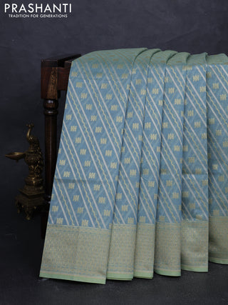 Banarasi silk cotton saree pastel blue with allover silver & gold zari woven brocade weaves and zari woven border