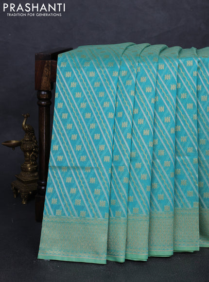 Banarasi silk cotton saree teal blue with allover silver & gold zari woven brocade weaves and zari woven border
