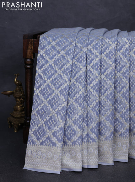 Banarasi silk cotton saree bluish grey with allover thread & zari woven brocade weaves and thread & zari woven border