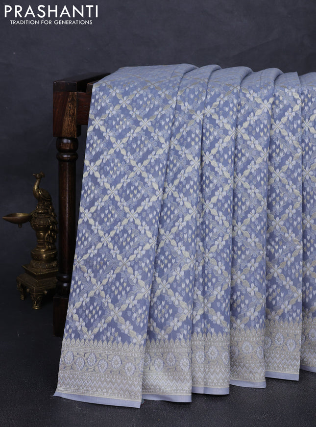 Banarasi silk cotton saree bluish grey with allover thread & zari woven brocade weaves and thread & zari woven border
