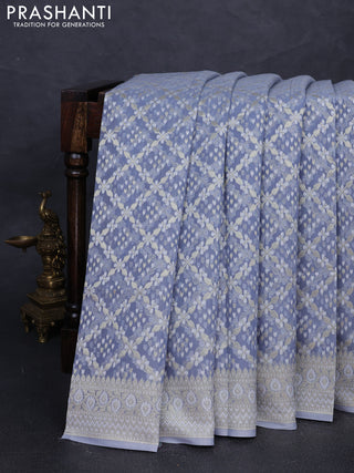 Banarasi silk cotton saree bluish grey with allover thread & zari woven brocade weaves and thread & zari woven border