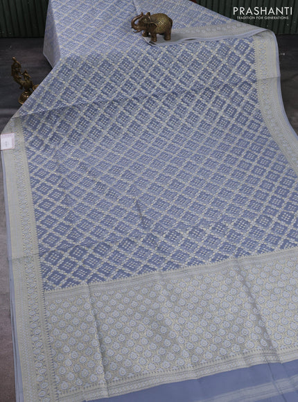 Banarasi silk cotton saree bluish grey with allover thread & zari woven brocade weaves and thread & zari woven border