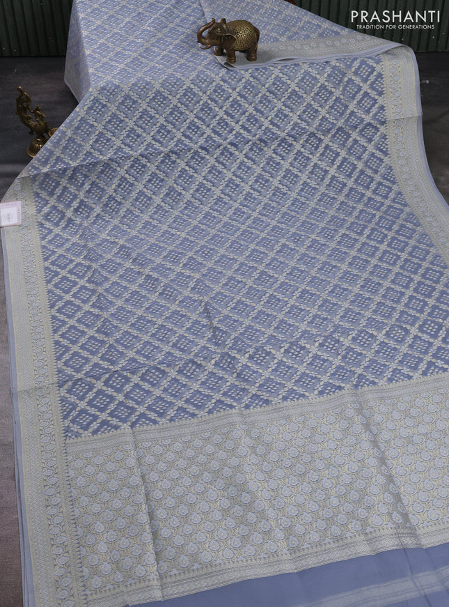 Banarasi silk cotton saree bluish grey with allover thread & zari woven brocade weaves and thread & zari woven border
