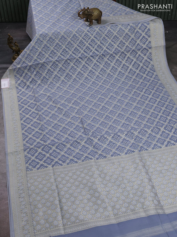 Banarasi silk cotton saree bluish grey with allover thread & zari woven brocade weaves and thread & zari woven border