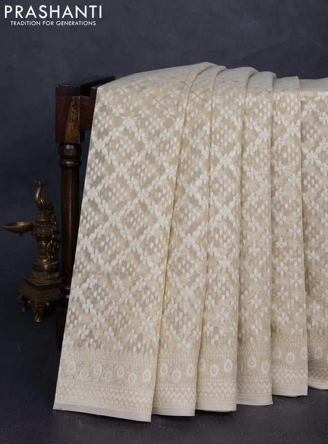 Banarasi silk cotton saree beige with allover thread & zari woven brocade weaves and thread & zari woven border