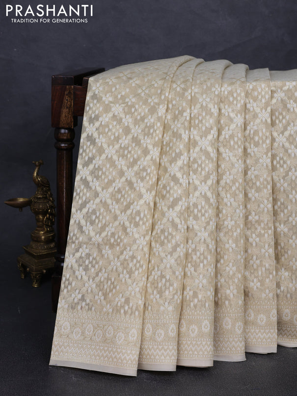 Banarasi silk cotton saree beige with allover thread & zari woven brocade weaves and thread & zari woven border